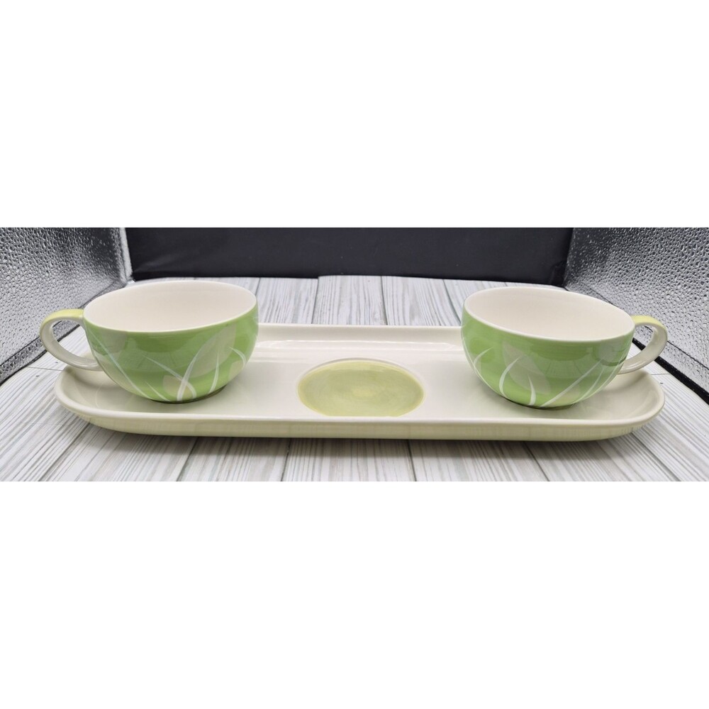 Hues n Brews Green Leaf Pattern Tea Cups & Tray Set Ceramic Replacement (3pc)